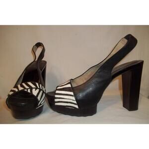 Michael Kors Black Leather & Animal Print High Wood Heel Slingback Shoes 9.5 B